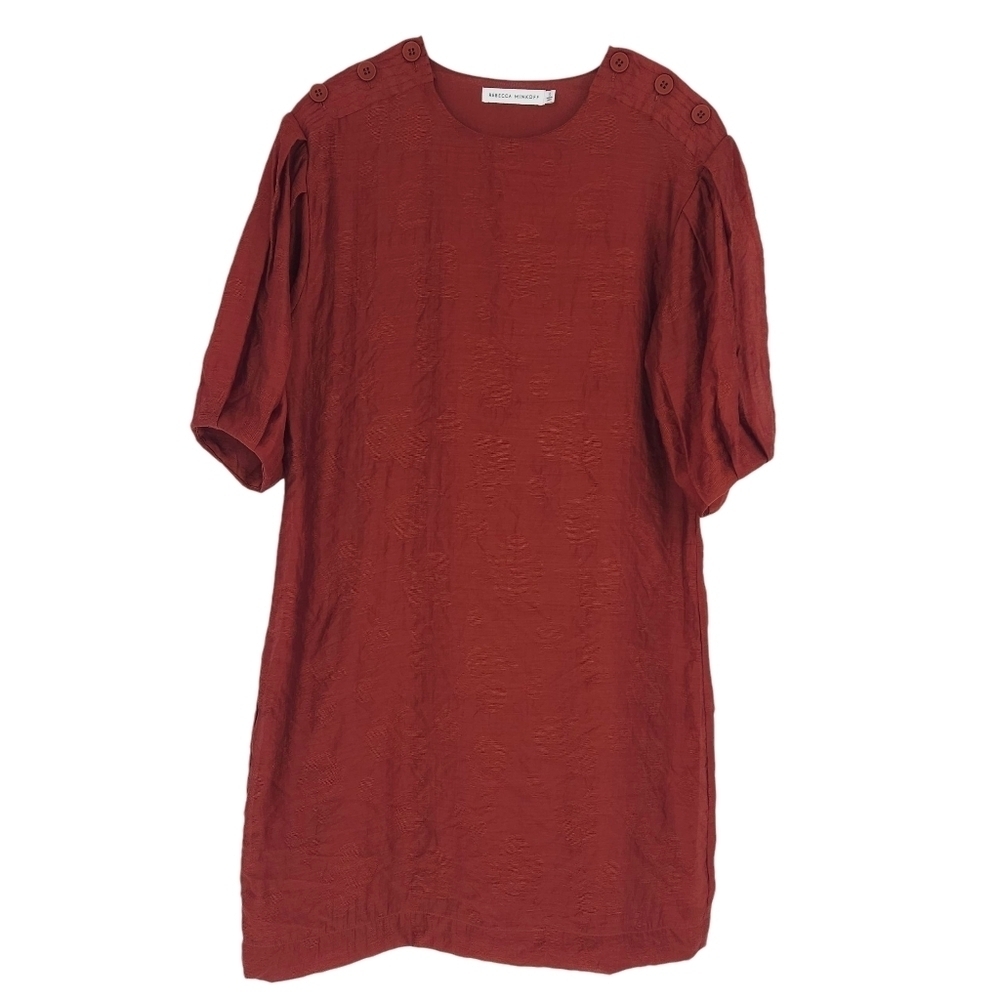 Rebecca Minkoff Shift Dress Burnt Orange Floral Pleated Puff Sleeve Button Small